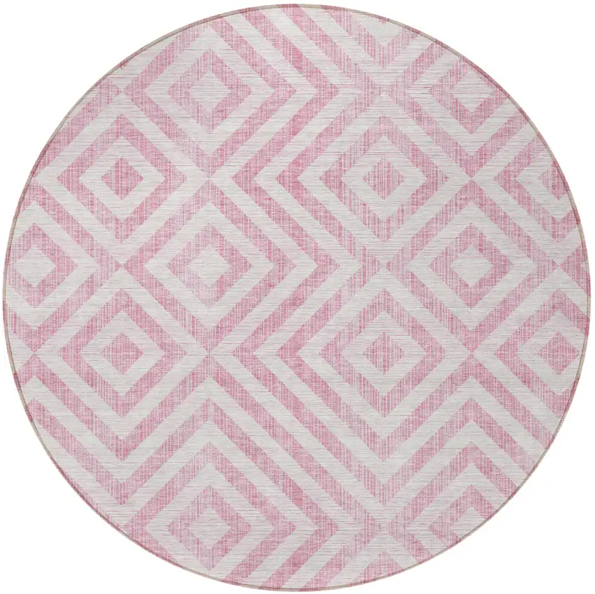 8' Pink And Ivory Round Geometric Washable Indoor Outdoor Area Rug Photo 6
