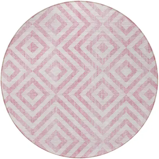 8' Pink And Ivory Round Geometric Washable Indoor Outdoor Area Rug Photo 6