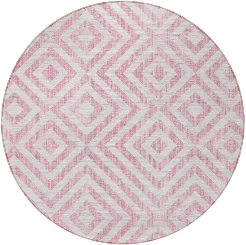 8' Pink And Ivory Round Geometric Washable Indoor Outdoor Area Rug Photo 6