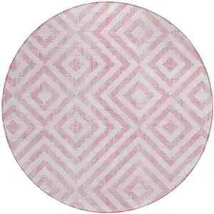 Photo of 8' Pink And Ivory Round Geometric Washable Indoor Outdoor Area Rug