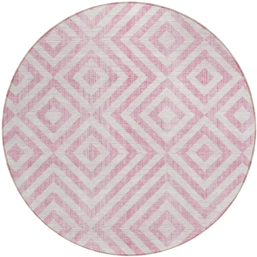 8' Pink And Ivory Round Geometric Washable Indoor Outdoor Area Rug Photo 1