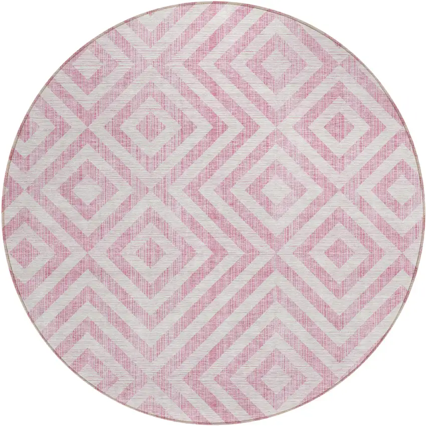 8' Pink And Ivory Round Geometric Washable Indoor Outdoor Area Rug Photo 1