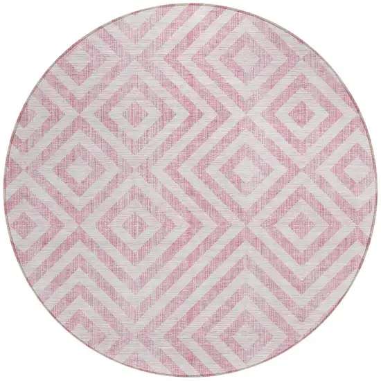 8' Pink And Ivory Round Geometric Washable Indoor Outdoor Area Rug Photo 5