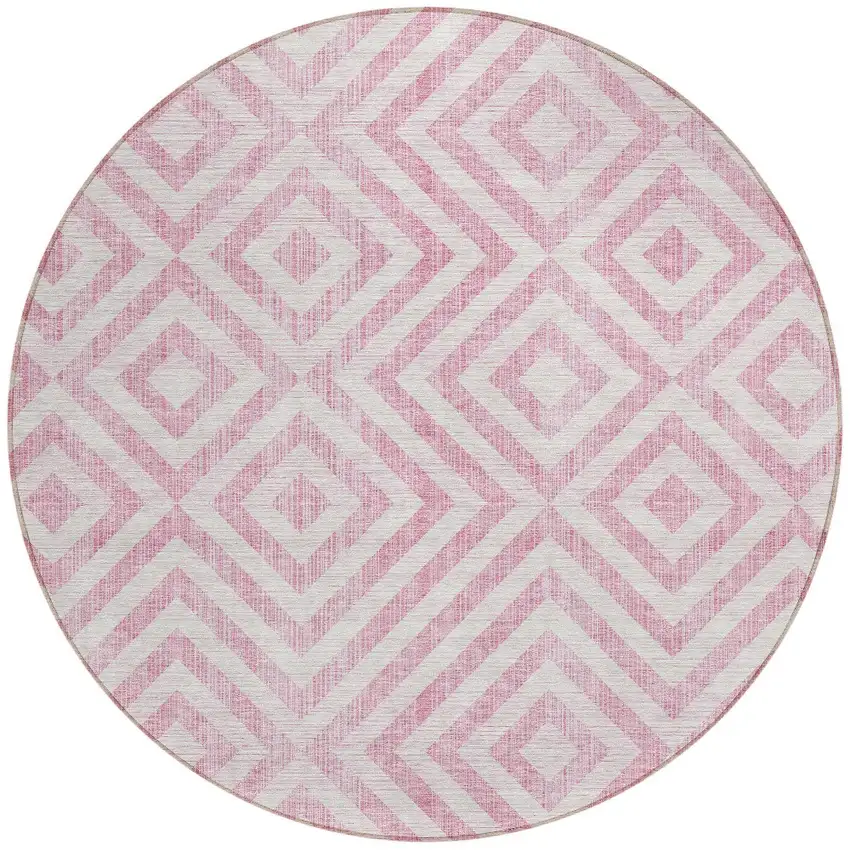 8' Pink And Ivory Round Geometric Washable Indoor Outdoor Area Rug Photo 5