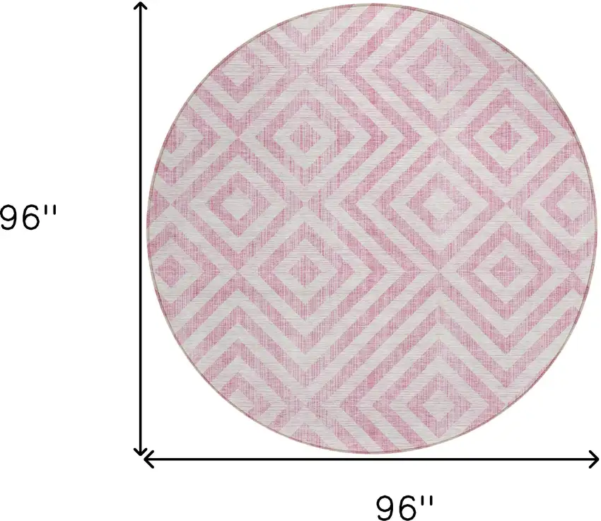8' Pink And Ivory Round Geometric Washable Indoor Outdoor Area Rug Photo 3