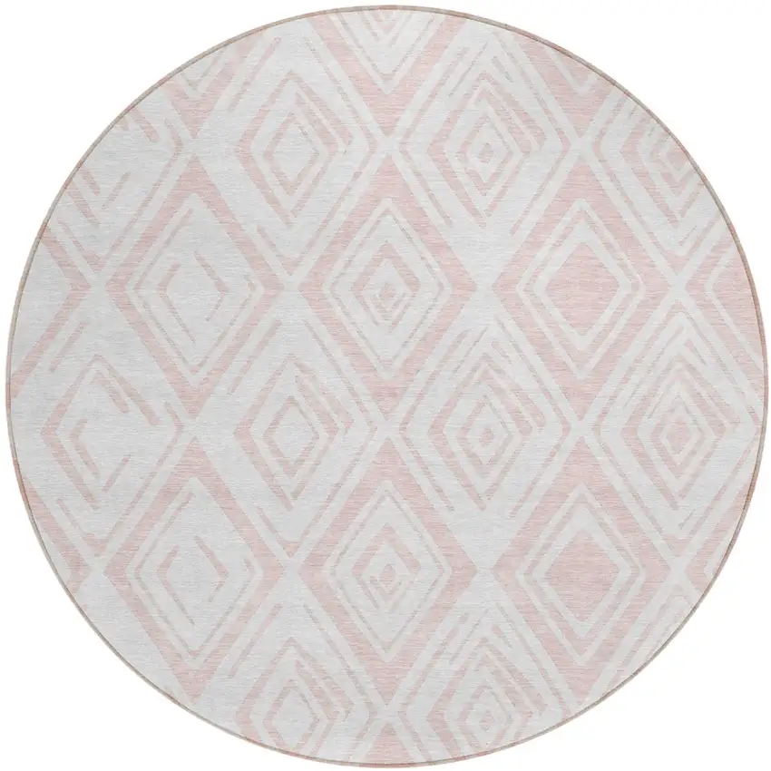 8' Pink And Ivory Round Geometric Washable Indoor Outdoor Area Rug Photo 1