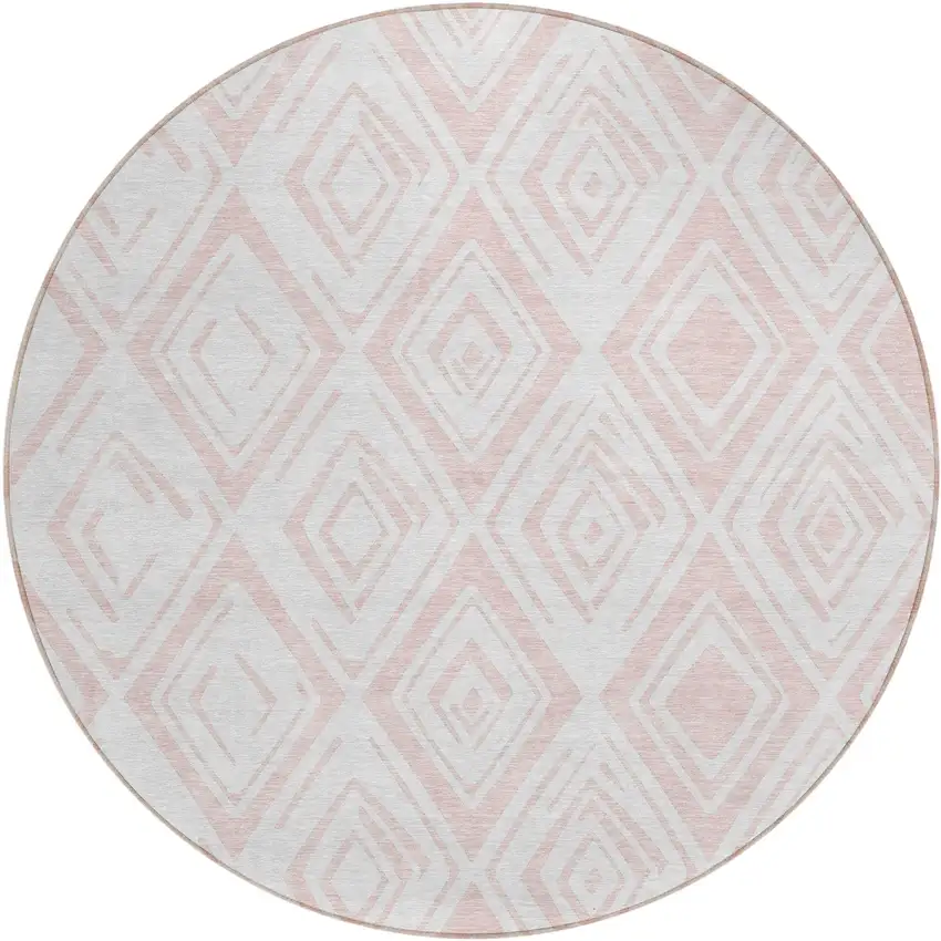 8' Pink And Ivory Round Geometric Washable Indoor Outdoor Area Rug Photo 1