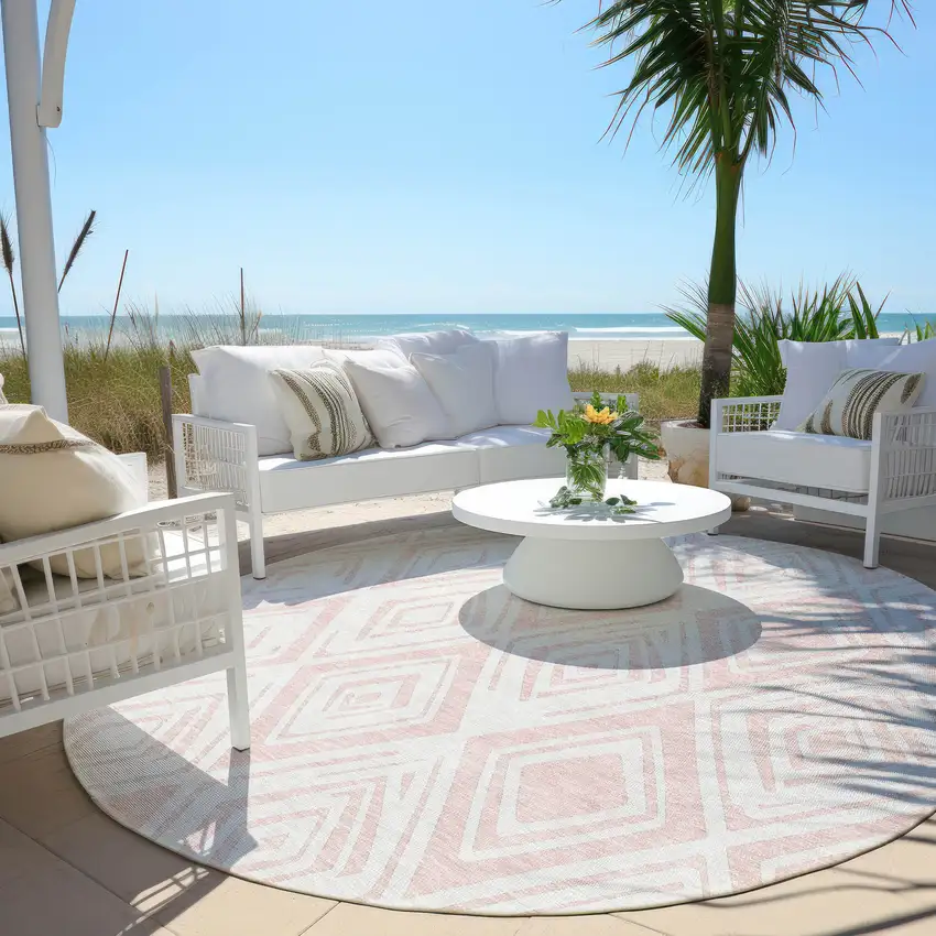 8' Pink And Ivory Round Geometric Washable Indoor Outdoor Area Rug Photo 7