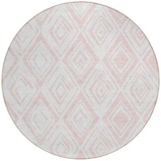 8' Pink And Ivory Round Geometric Washable Indoor Outdoor Area Rug Photo 6