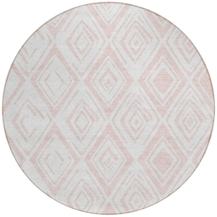 8' Pink And Ivory Round Geometric Washable Indoor Outdoor Area Rug Photo 6