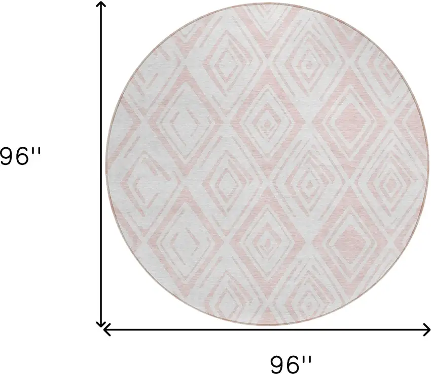 8' Pink And Ivory Round Geometric Washable Indoor Outdoor Area Rug Photo 3