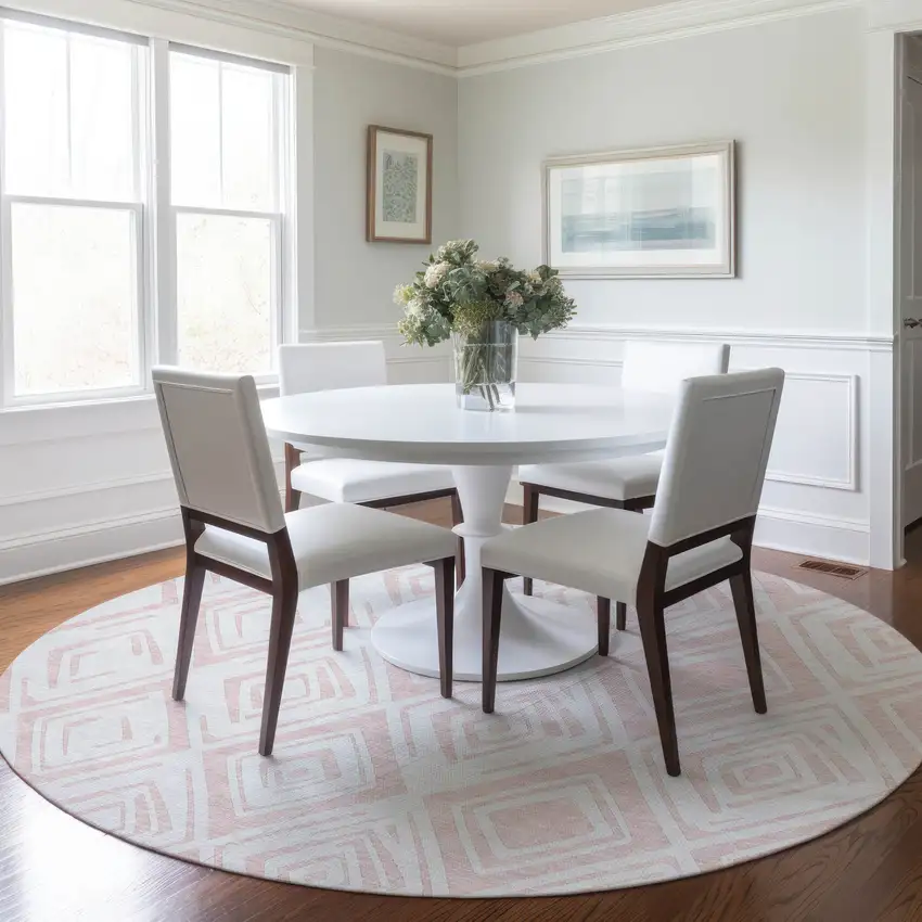 8' Pink And Ivory Round Geometric Washable Indoor Outdoor Area Rug Photo 8