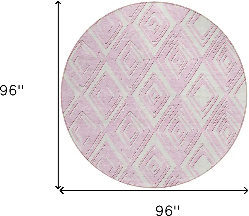 8' Pink And Ivory Round Geometric Washable Indoor Outdoor Area Rug Photo 3