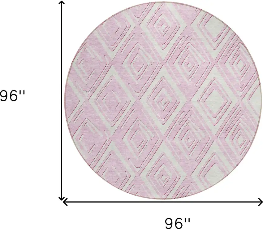 8' Pink And Ivory Round Geometric Washable Indoor Outdoor Area Rug Photo 3