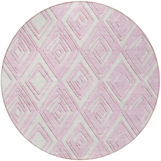 8' Pink And Ivory Round Geometric Washable Indoor Outdoor Area Rug Photo 8