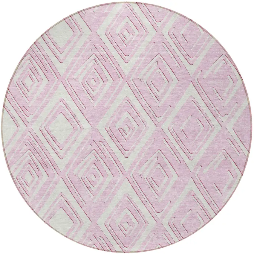 8' Pink And Ivory Round Geometric Washable Indoor Outdoor Area Rug Photo 8