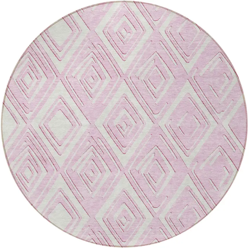 8' Pink And Ivory Round Geometric Washable Indoor Outdoor Area Rug Photo 8