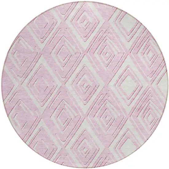 8' Pink And Ivory Round Geometric Washable Indoor Outdoor Area Rug Photo 2