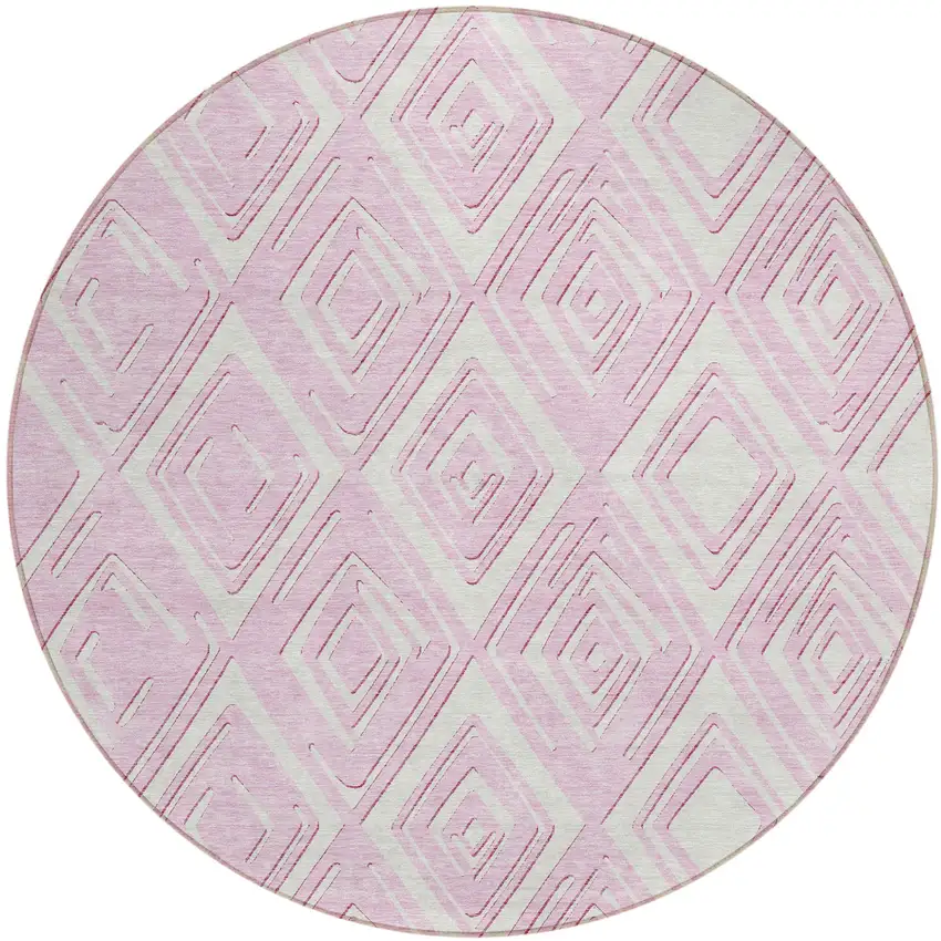 8' Pink And Ivory Round Geometric Washable Indoor Outdoor Area Rug Photo 2