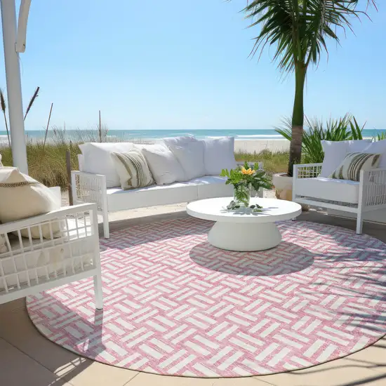 8' Pink And Ivory Round Geometric Washable Indoor Outdoor Area Rug Photo 7