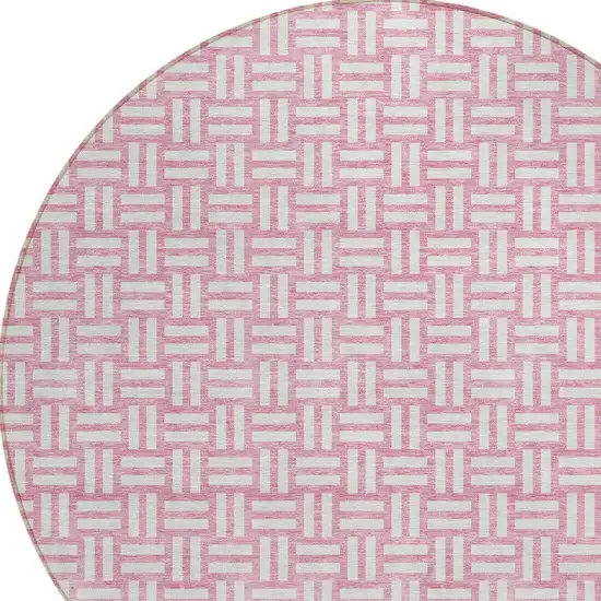 8' Pink And Ivory Round Geometric Washable Indoor Outdoor Area Rug Photo 6