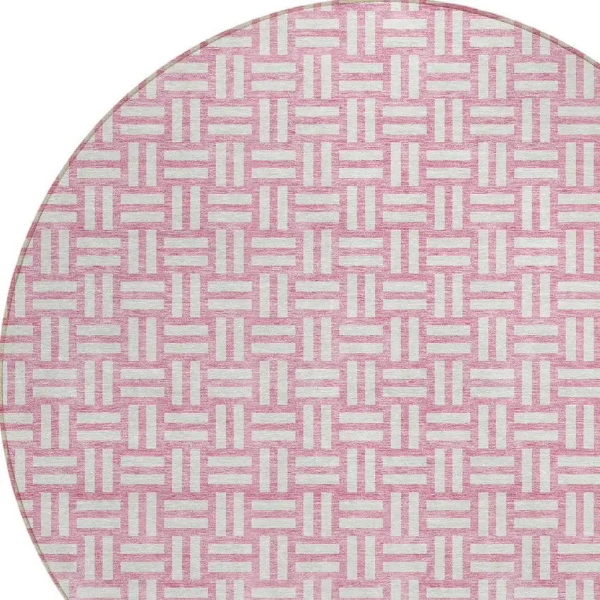 8' Pink And Ivory Round Geometric Washable Indoor Outdoor Area Rug Photo 6