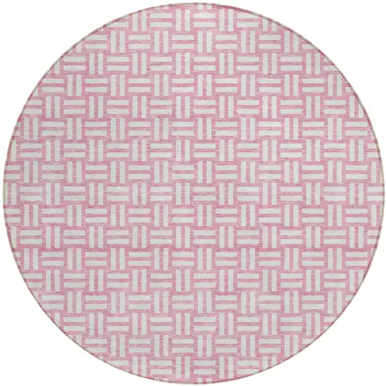 8' Pink And Ivory Round Geometric Washable Indoor Outdoor Area Rug Photo 2