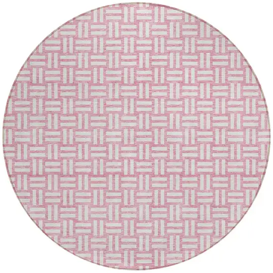 8' Pink And Ivory Round Geometric Washable Indoor Outdoor Area Rug Photo 4