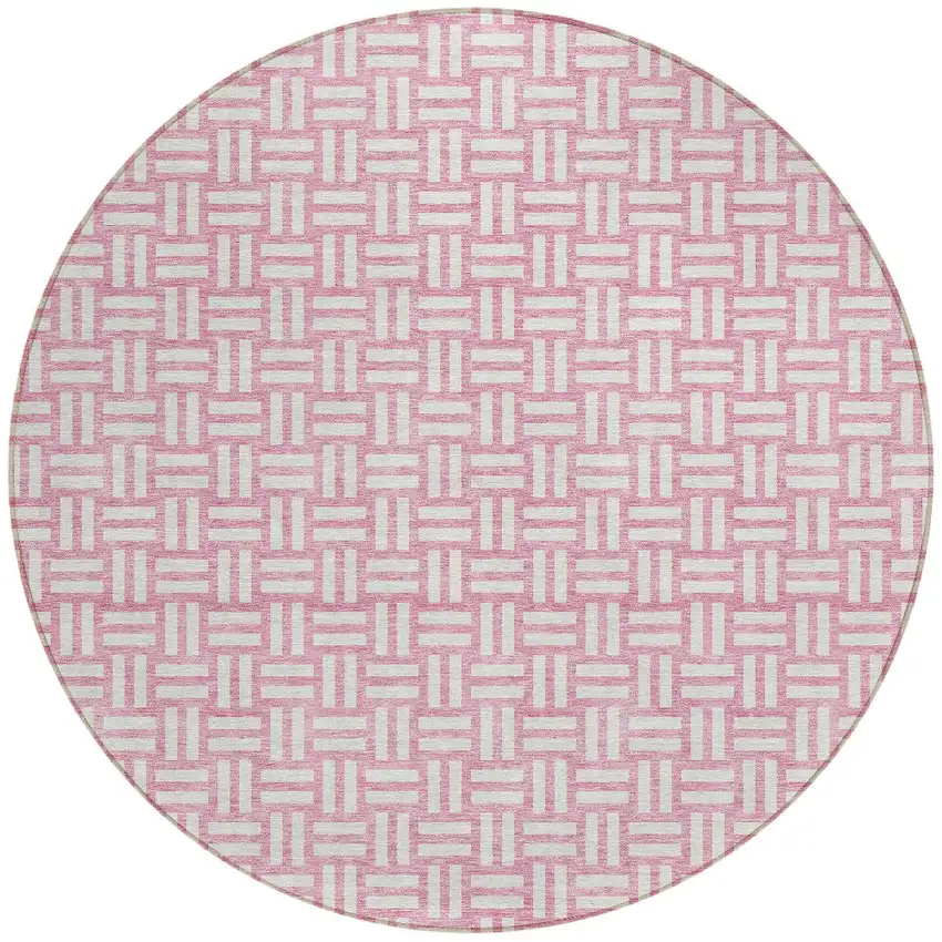 8' Pink And Ivory Round Geometric Washable Indoor Outdoor Area Rug Photo 4