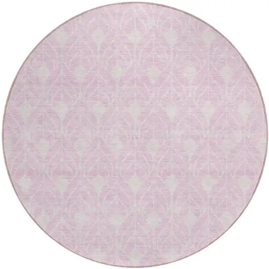 8' Pink And Ivory Round Geometric Washable Indoor Outdoor Area Rug Photo 2