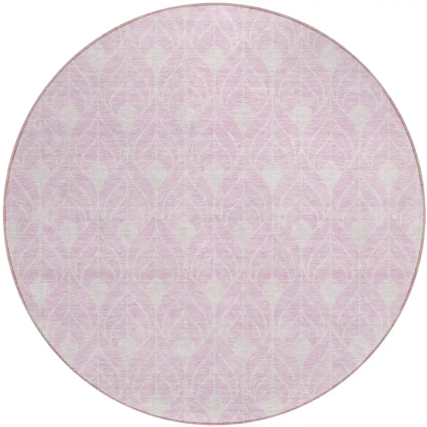 8' Pink And Ivory Round Geometric Washable Indoor Outdoor Area Rug Photo 2
