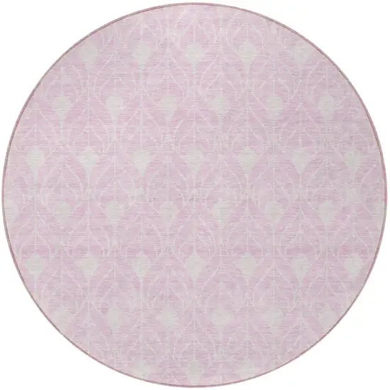 8' Pink And Ivory Round Geometric Washable Indoor Outdoor Area Rug Photo 5