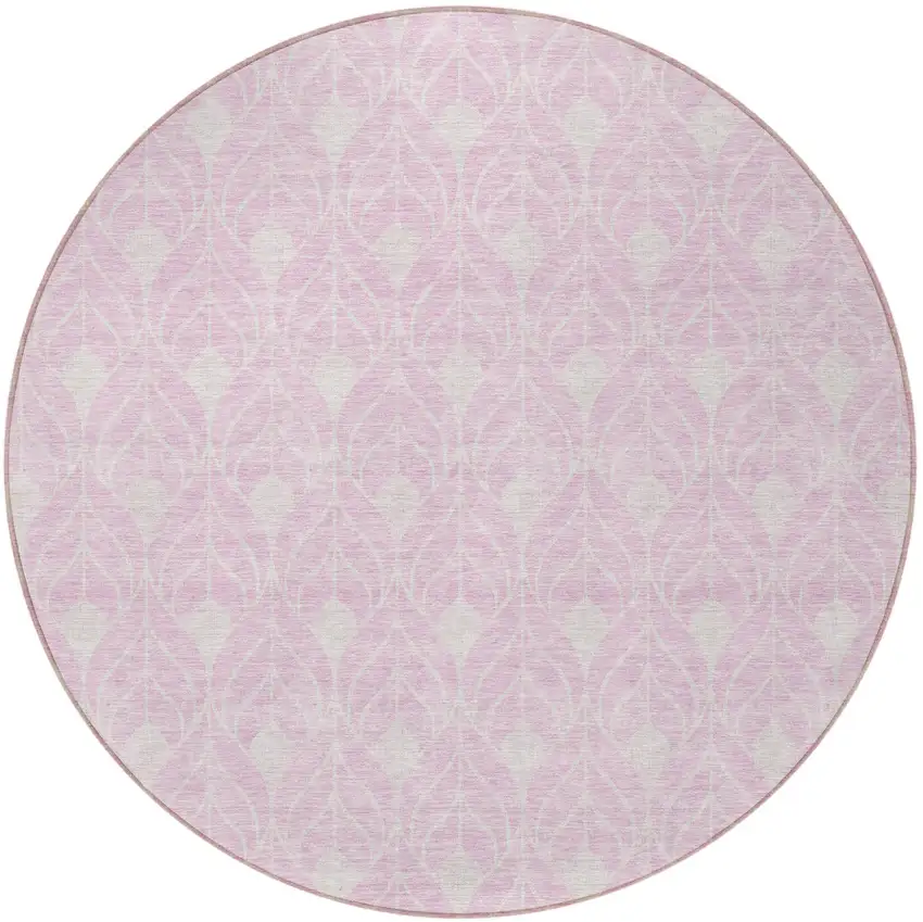8' Pink And Ivory Round Geometric Washable Indoor Outdoor Area Rug Photo 5