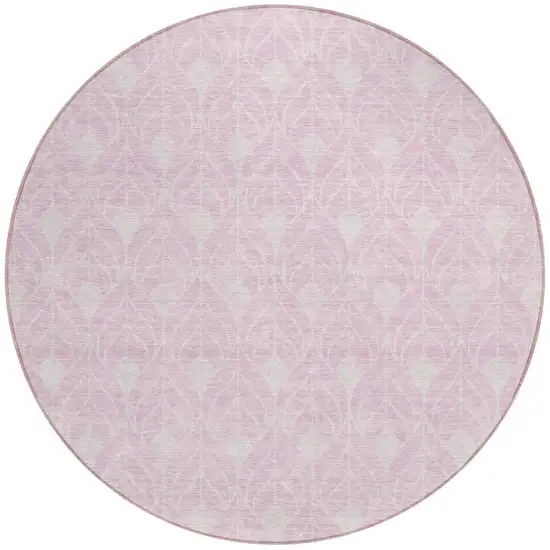8' Pink And Ivory Round Geometric Washable Indoor Outdoor Area Rug Photo 4