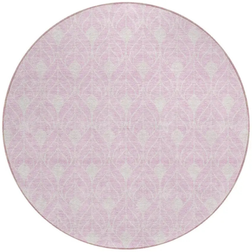 8' Pink And Ivory Round Geometric Washable Indoor Outdoor Area Rug Photo 4