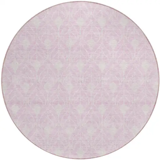 8' Pink And Ivory Round Geometric Washable Indoor Outdoor Area Rug Photo 2