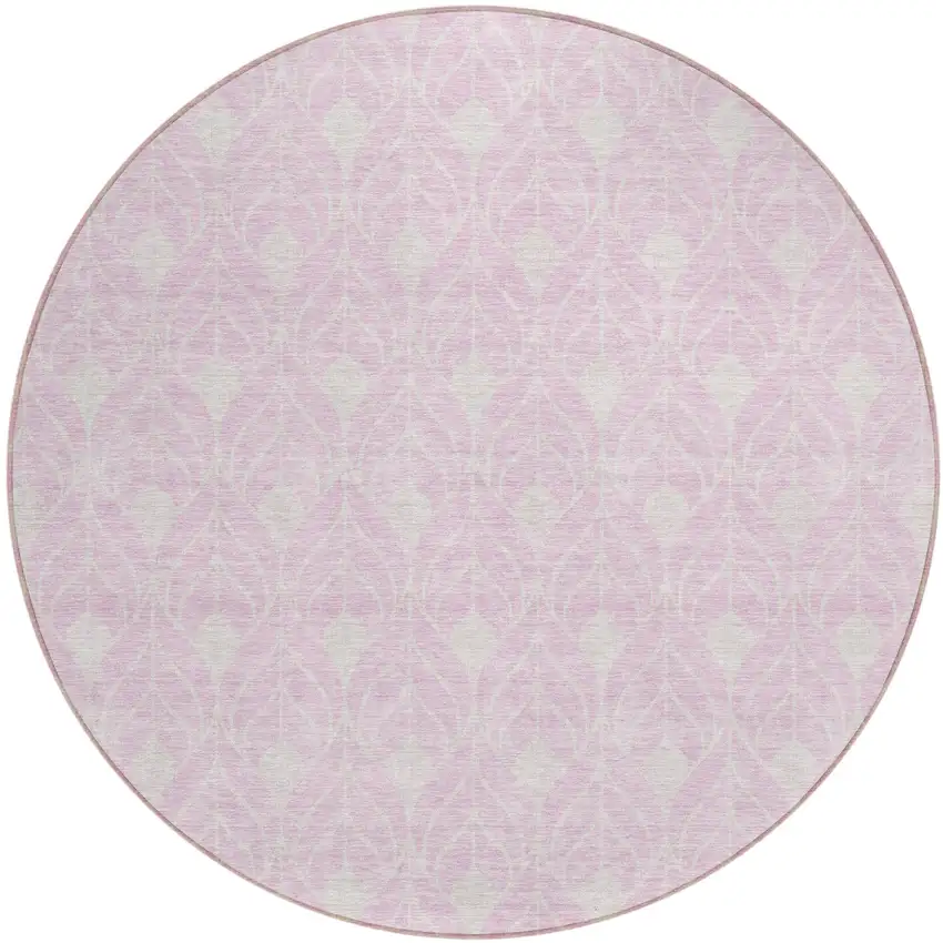 8' Pink And Ivory Round Geometric Washable Indoor Outdoor Area Rug Photo 2