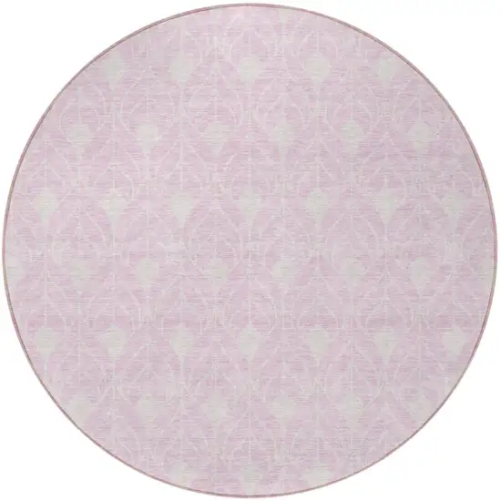 8' Pink And Ivory Round Geometric Washable Indoor Outdoor Area Rug Photo 4