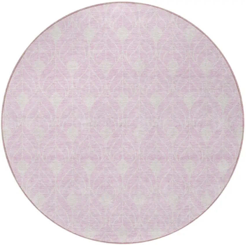 8' Pink And Ivory Round Geometric Washable Indoor Outdoor Area Rug Photo 4