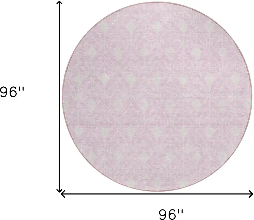 8' Pink And Ivory Round Geometric Washable Indoor Outdoor Area Rug Photo 3