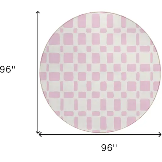 8' Pink And Ivory Round Geometric Washable Indoor Outdoor Area Rug Photo 3