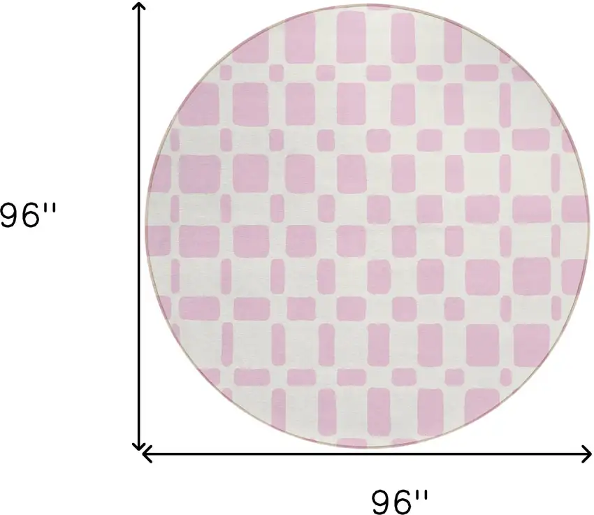 8' Pink And Ivory Round Geometric Washable Indoor Outdoor Area Rug Photo 3