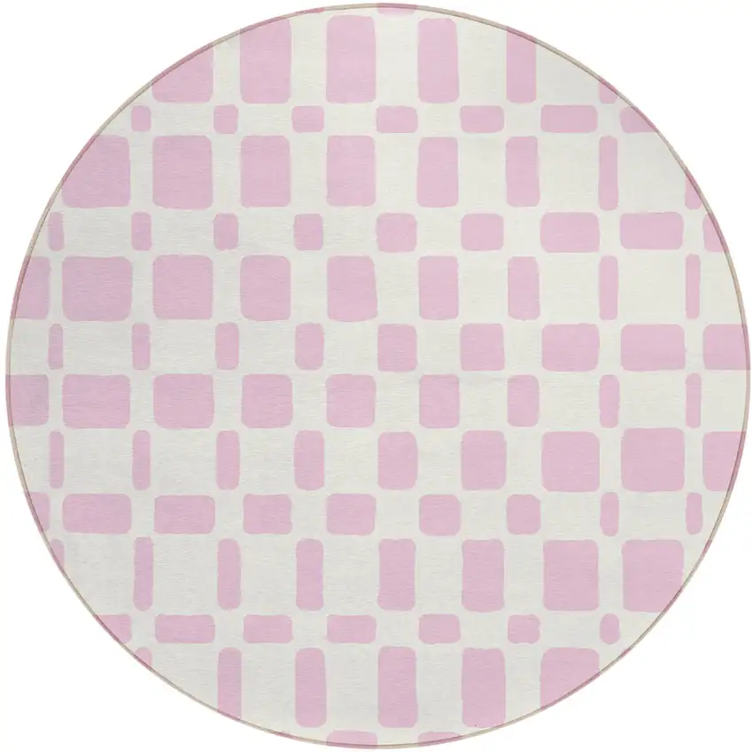 8' Pink And Ivory Round Geometric Washable Indoor Outdoor Area Rug Photo 2