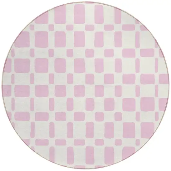 8' Pink And Ivory Round Geometric Washable Indoor Outdoor Area Rug Photo 5