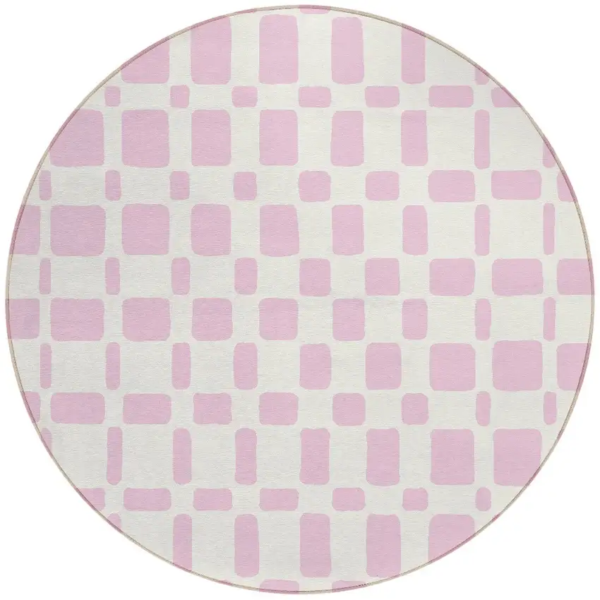 8' Pink And Ivory Round Geometric Washable Indoor Outdoor Area Rug Photo 5