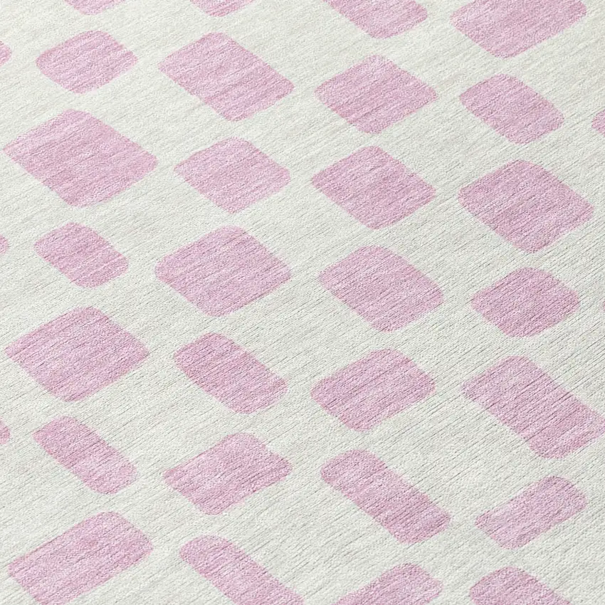 8' Pink And Ivory Round Geometric Washable Indoor Outdoor Area Rug Photo 8