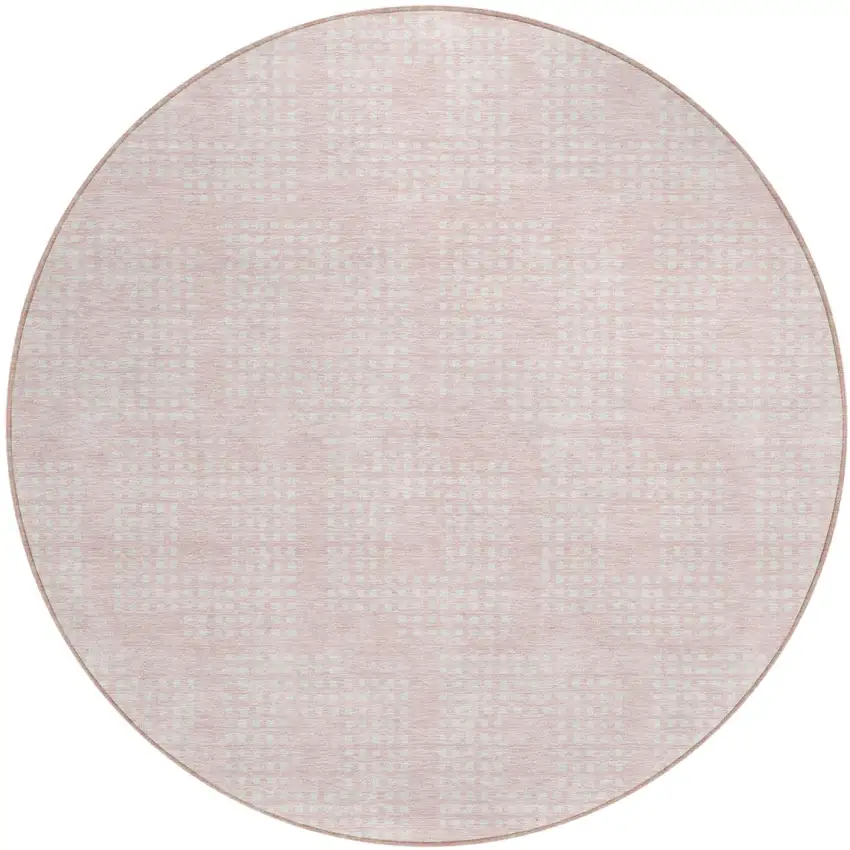 8' Pink And Ivory Round Geometric Washable Indoor Outdoor Area Rug Photo 2