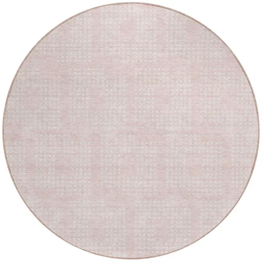 8' Pink And Ivory Round Geometric Washable Indoor Outdoor Area Rug Photo 5