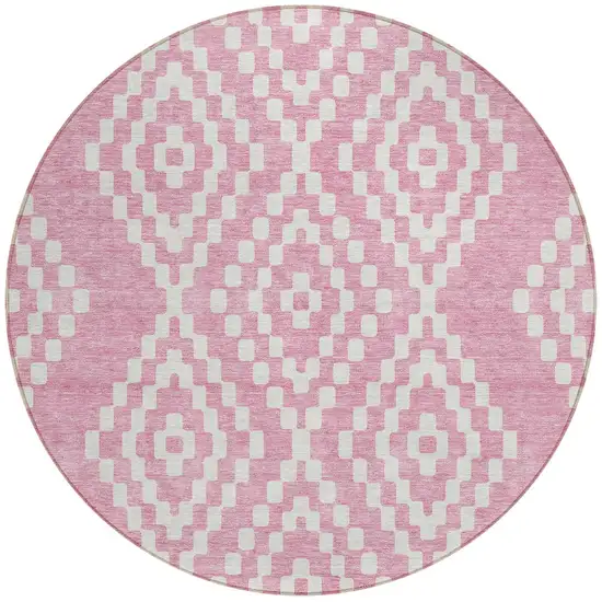 8' Pink And Ivory Round Geometric Washable Indoor Outdoor Area Rug Photo 6
