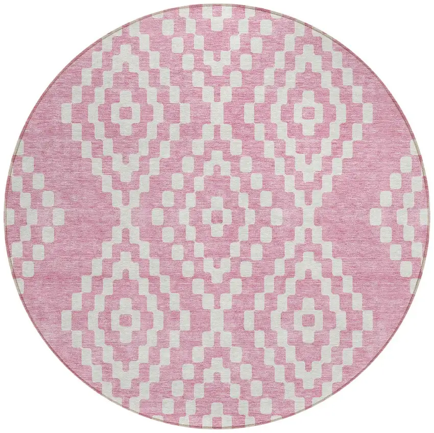 8' Pink And Ivory Round Geometric Washable Indoor Outdoor Area Rug Photo 6